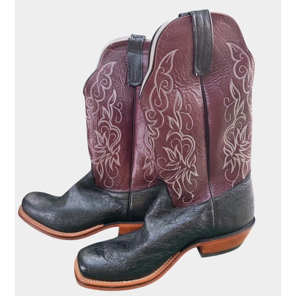 Olathe Western Boots Size 13D Black Smooth Ostrich Burgundy Shaft Square Toe - Picture 2 of 10
